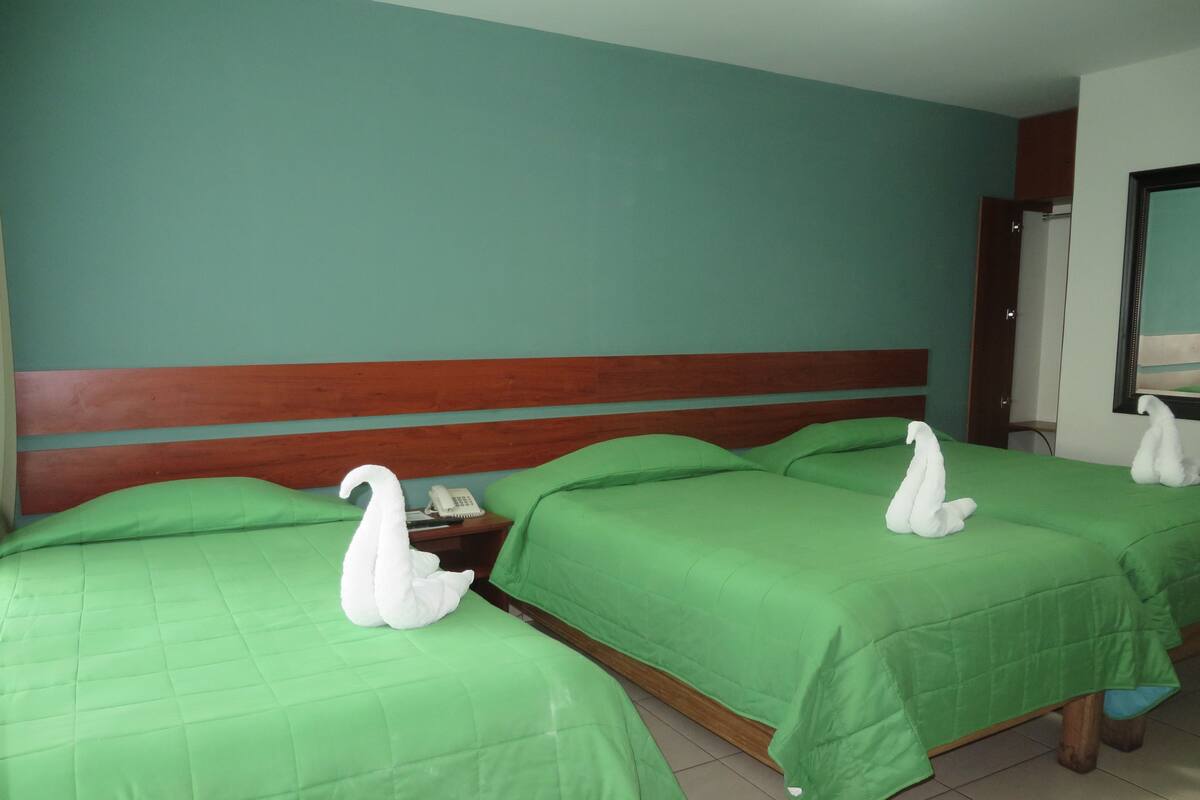 A hotel room with three beds, each with a green bedspread and a white swan-shaped towel. There is a wooden headboard, a nightstand with a telephone, and a mirror on the wall.