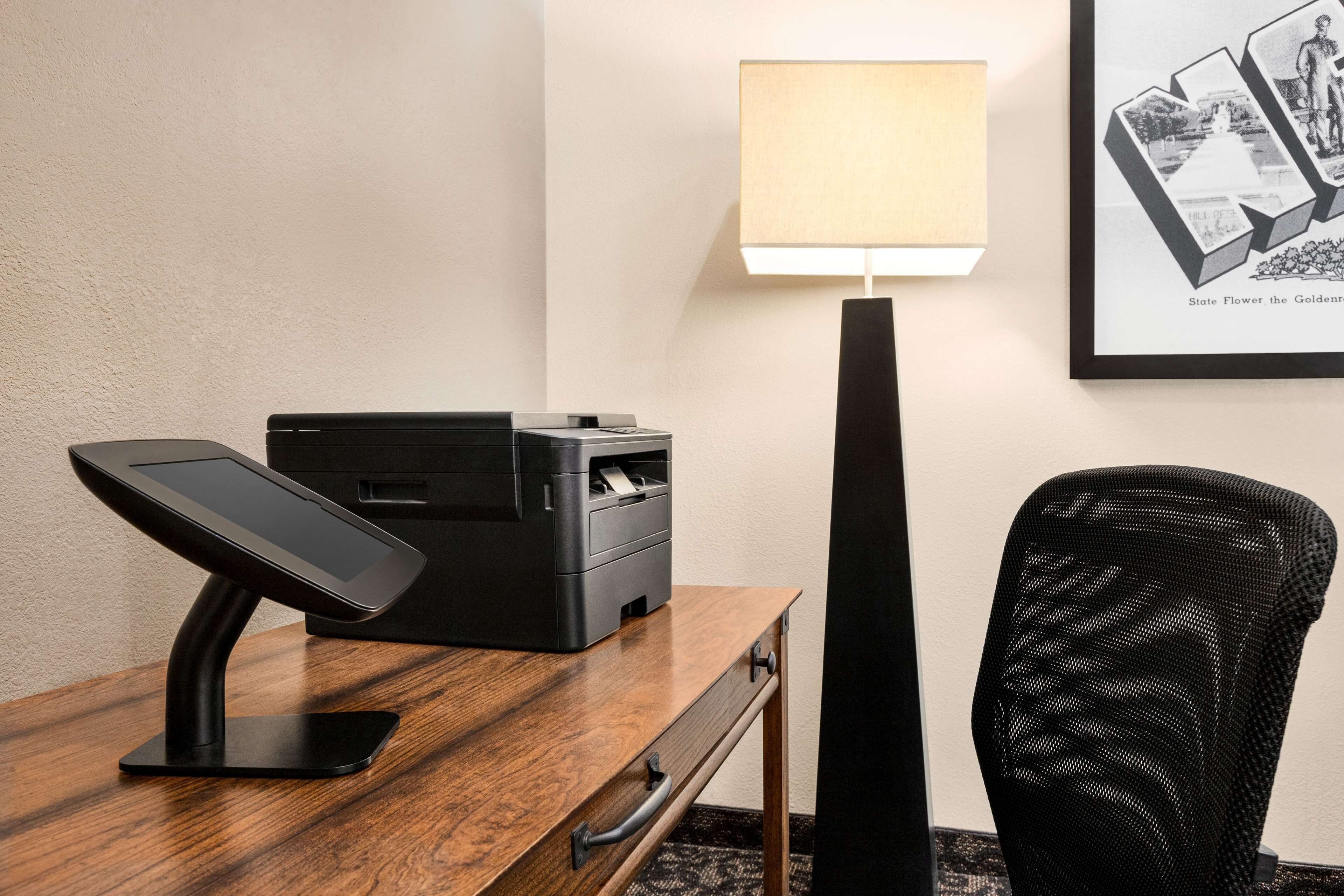 A desk with a printer, a lamp, and a chair.