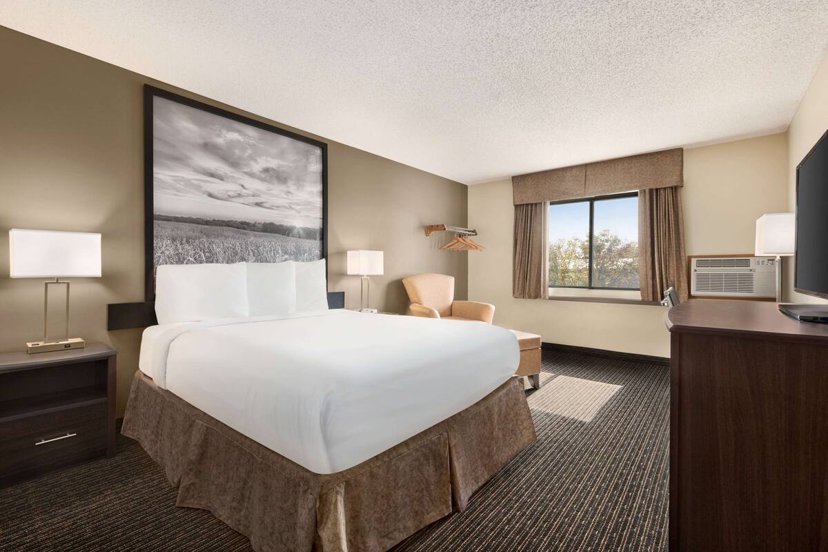 Una habitación de hotel con una cama grande, un escritorio, una silla, un televisor y una ventana con cortinas.