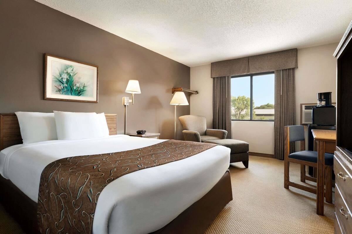 Una habitación de hotel con una cama grande, un escritorio con una silla, un televisor y una ventana con cortinas.
