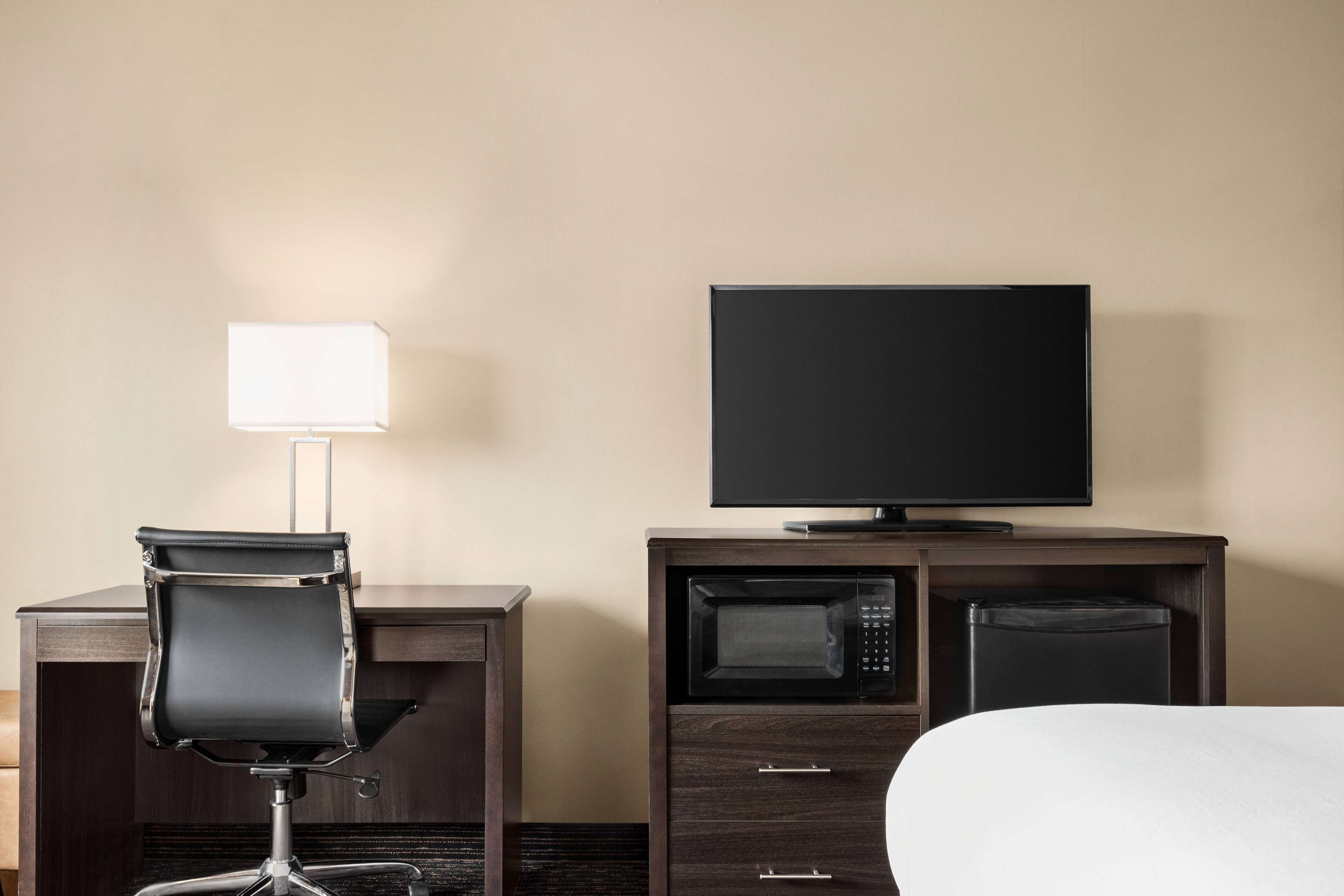 A hotel room with a desk, a chair, a television, a microwave, and a trash bin.