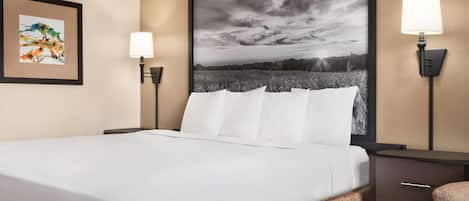 Habitación de hotel con una cama grande, dos lámparas de noche, una mesita y un cuadro en la pared.