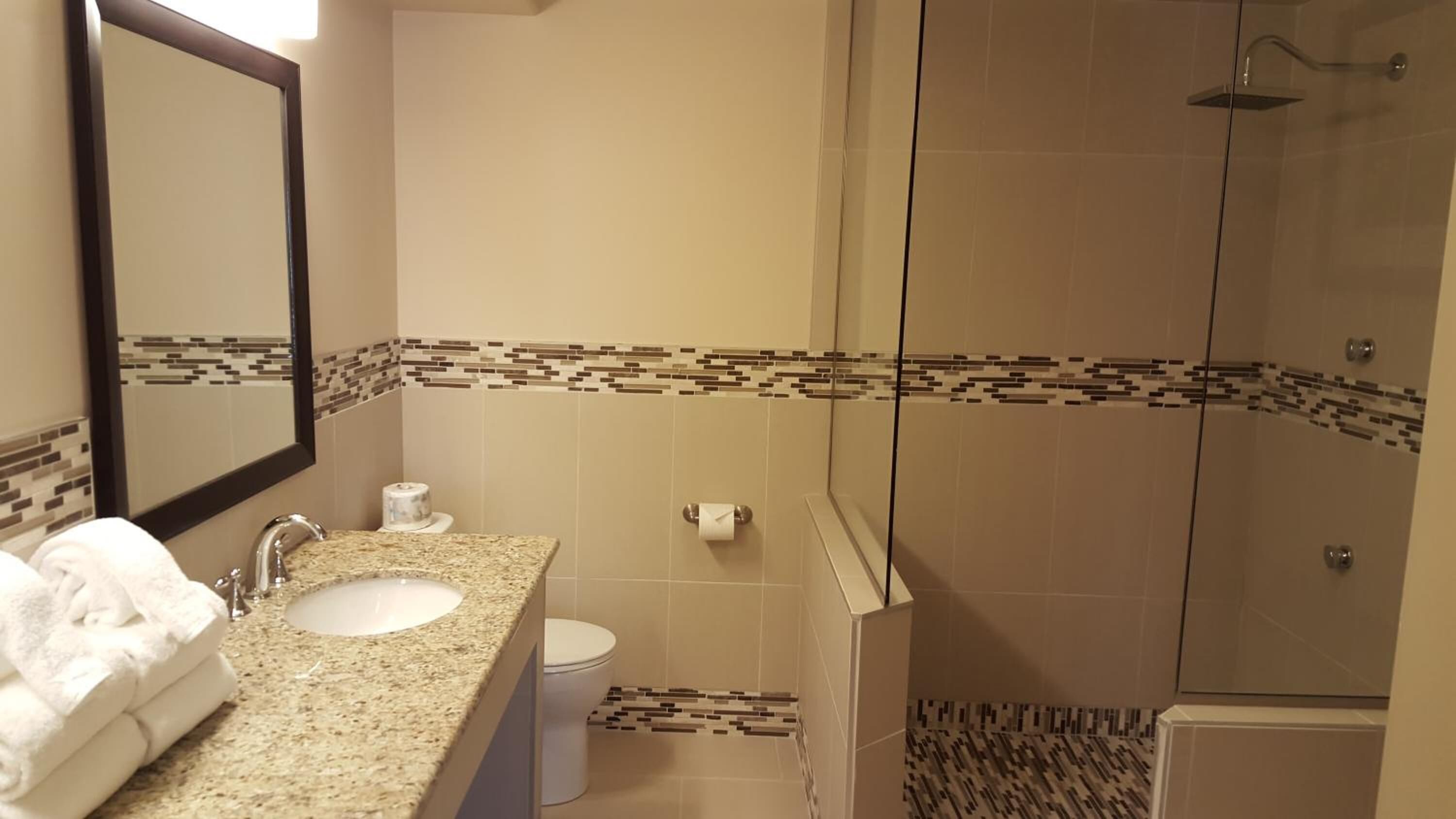 Combined shower/bathtub, free toiletries, hair dryer, towels