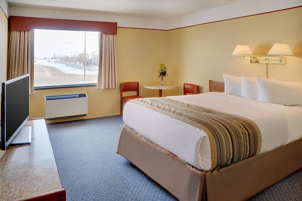 Hotelkamer met een bed, een bureau, een televisie, een klein tafeltje met een vaas en een raam met gordijnen.