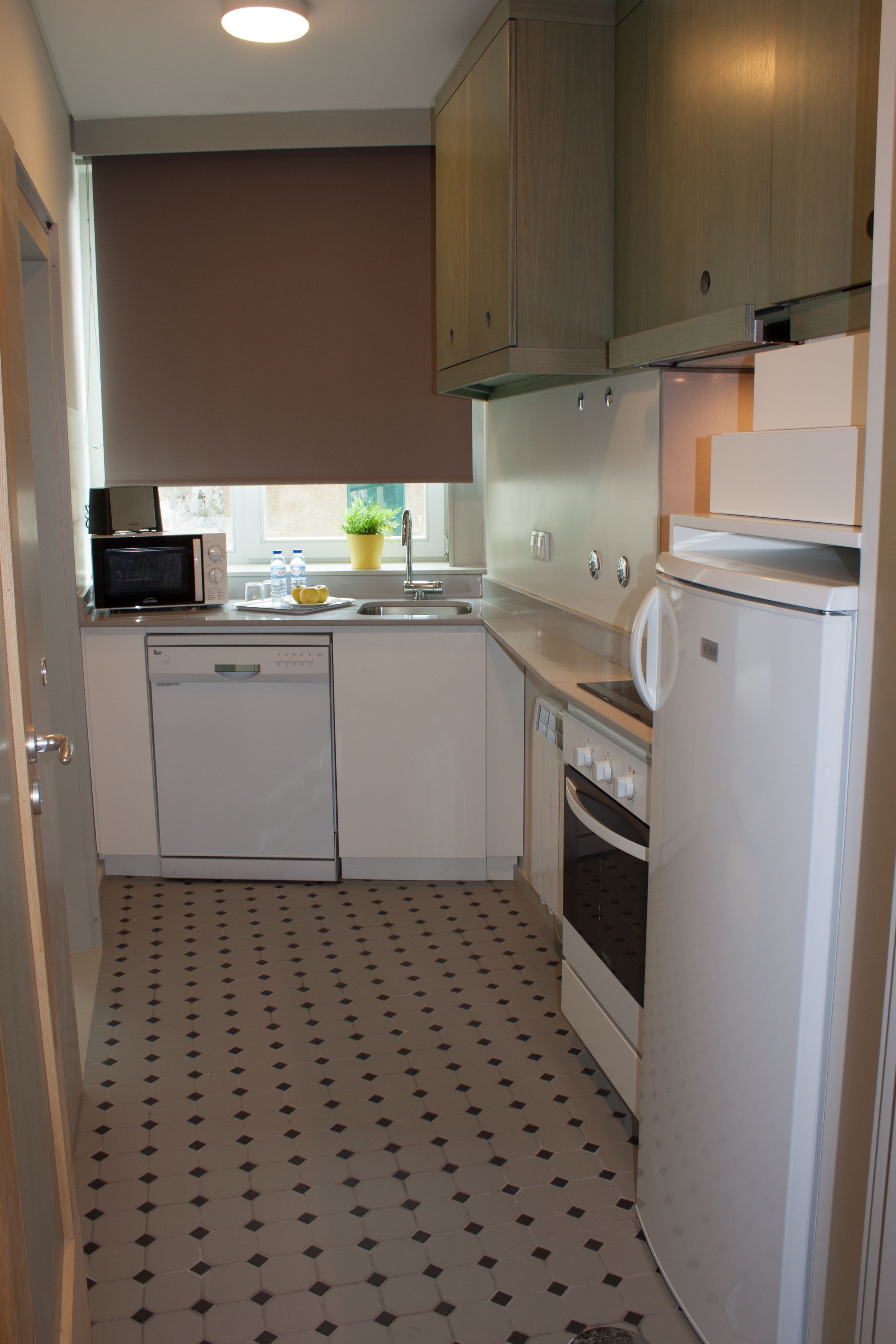 A compact kitchen with a dishwasher, microwave, sink, and refrigerator.