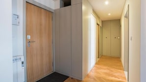 A hallway with a wooden door, grey wardrobe, and a control panel on the left.