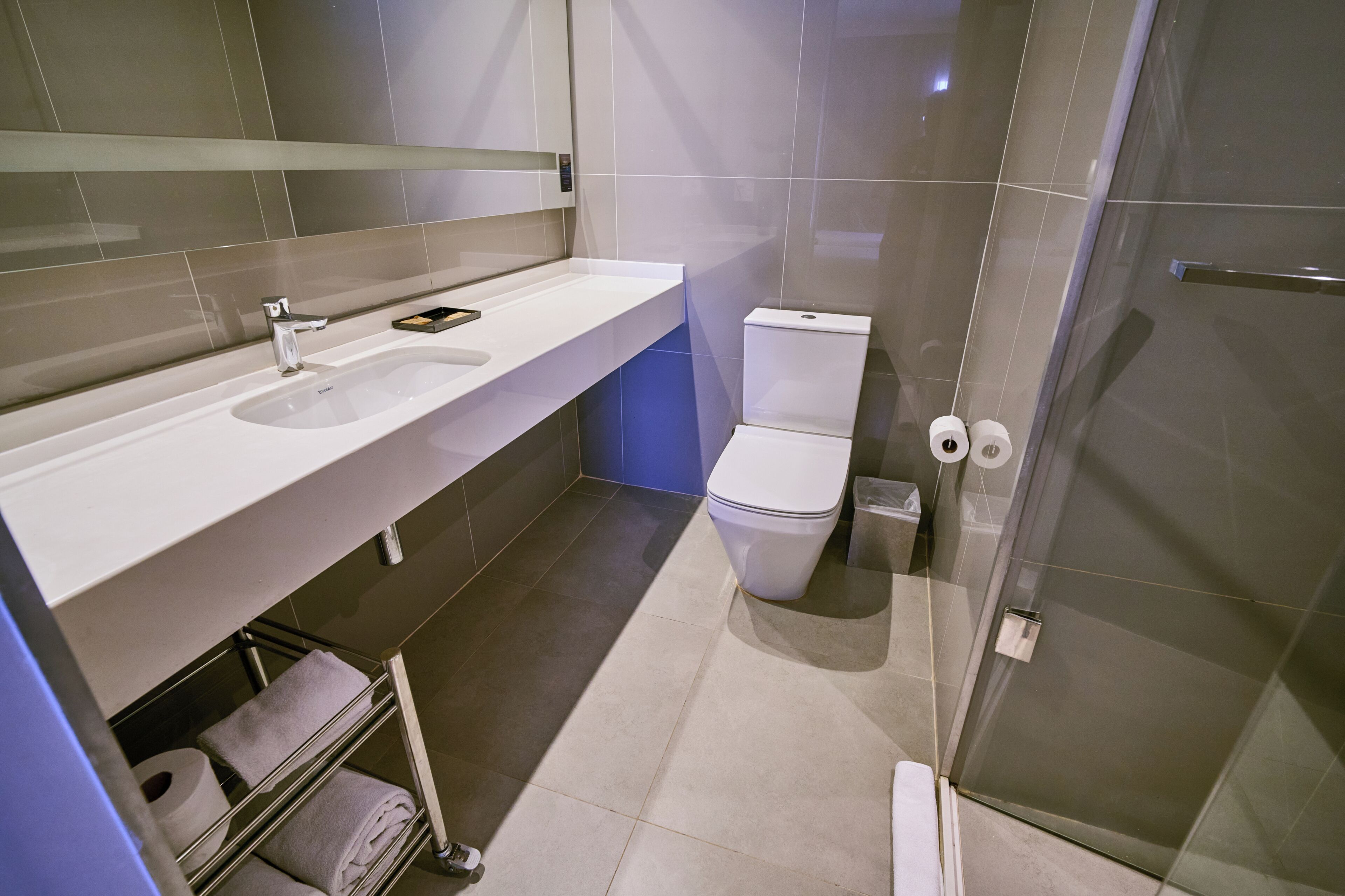 A modern bathroom with a white sink, a toilet, and a glass shower enclosure.