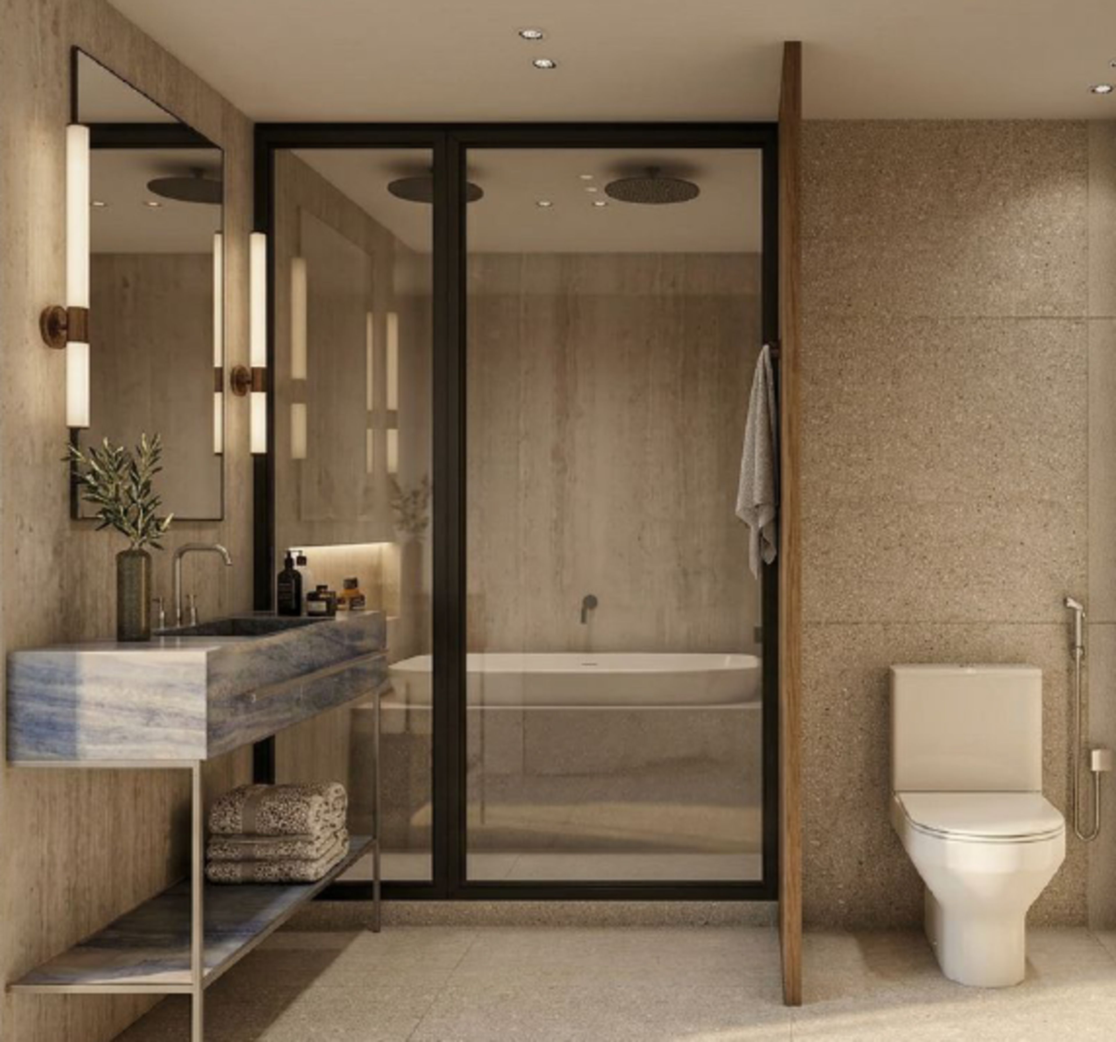 A modern bathroom with a glass-enclosed shower, a marble sink, and a toilet.