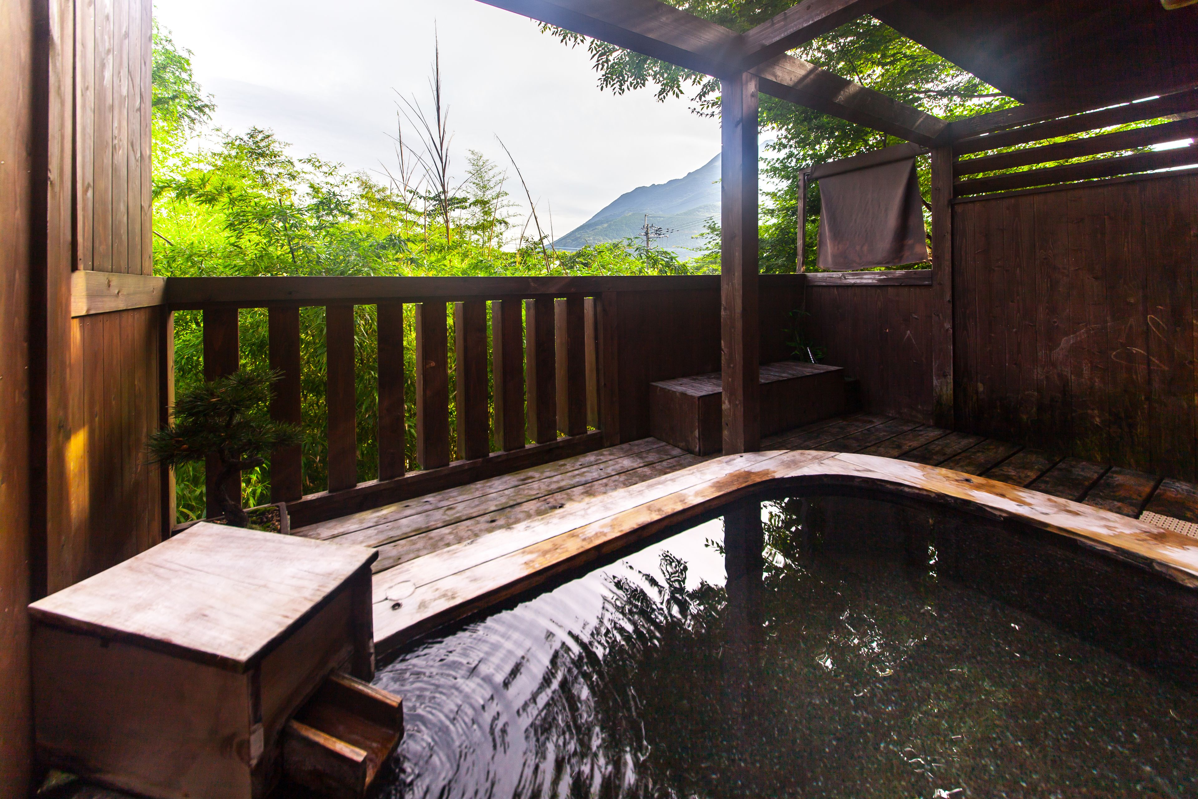 A wooden deck with a hot spring, surrounded by lush greenery and a mountain in the background.