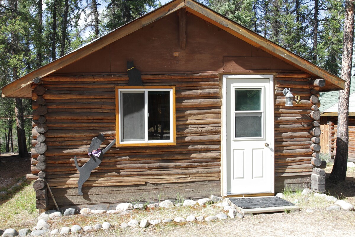 A rustic log cabin with a wooden door and a window.