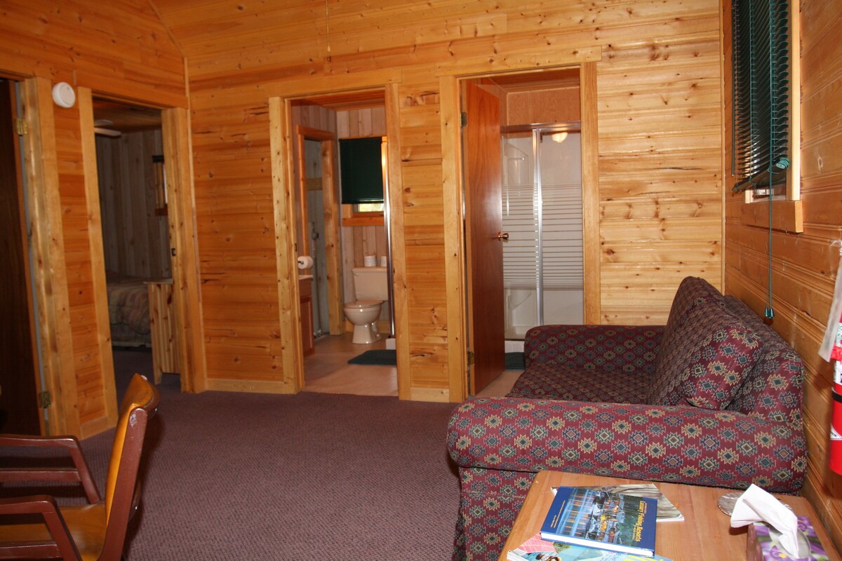 A wooden cabin interior with a sofa, a table with books, and a visible bathroom.