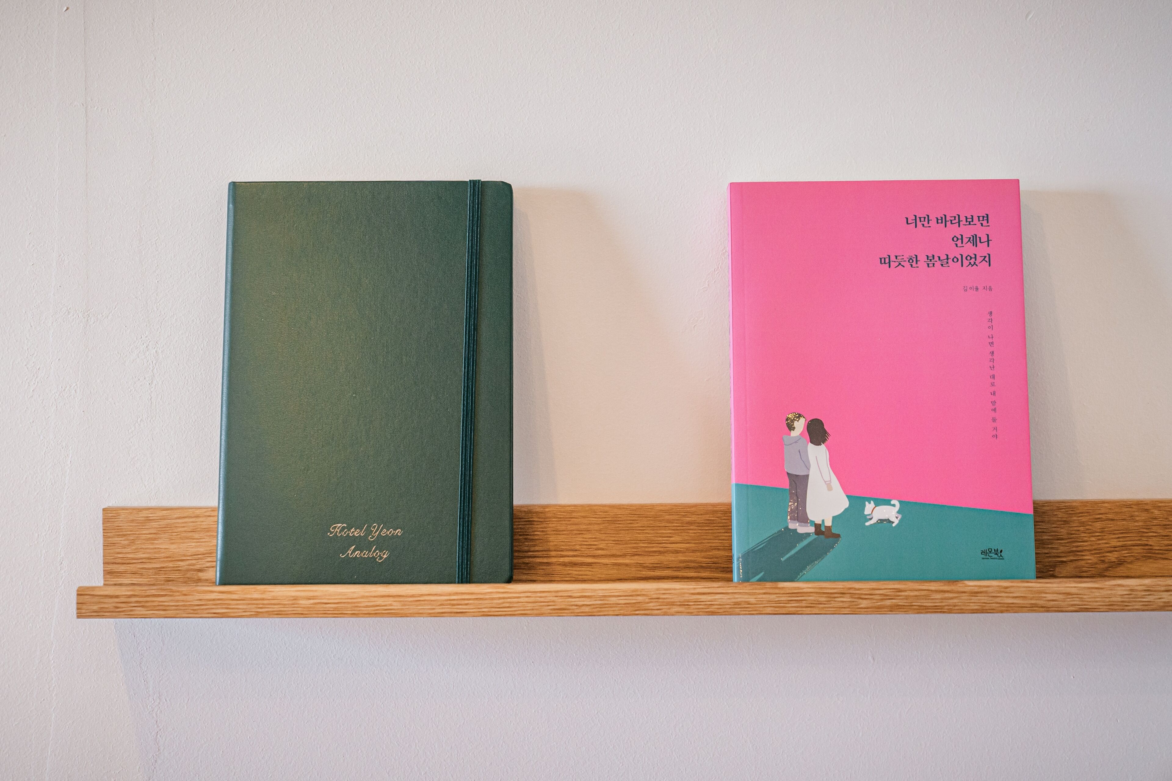 Two books on a wooden shelf against a plain wall.