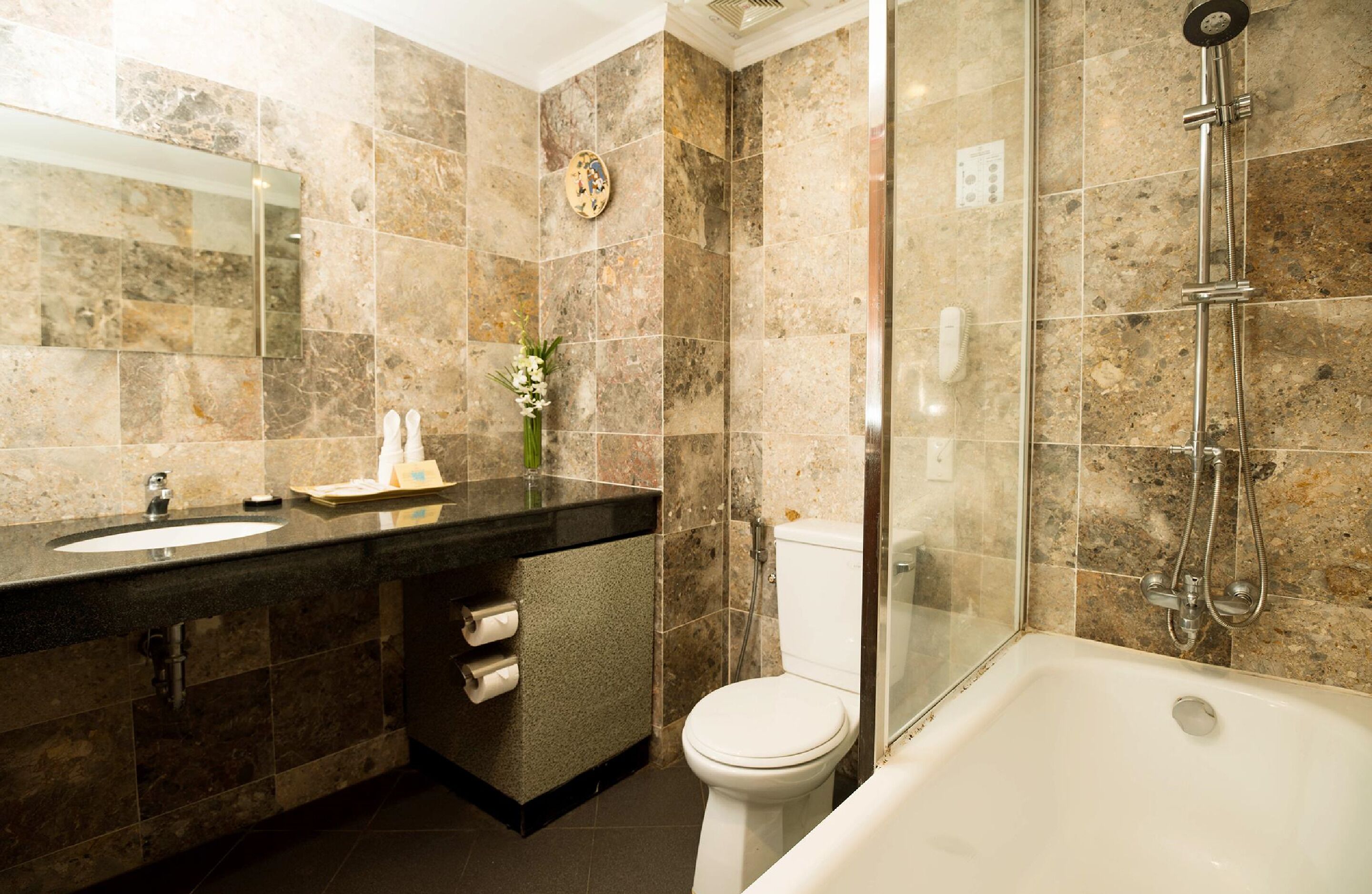 shower, free toiletries, hair dryer, bathrobes