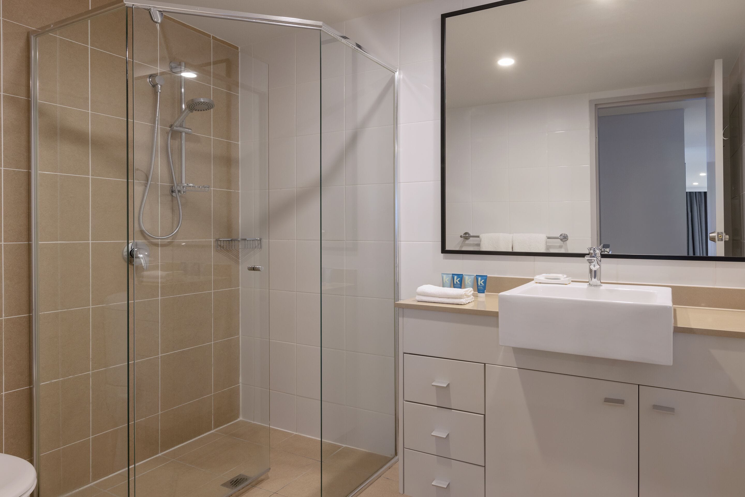 A modern bathroom with a glass-enclosed shower, a white sink, and a large mirror.