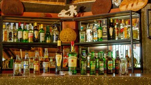 Un bar con estantes llenos de botellas de licores.