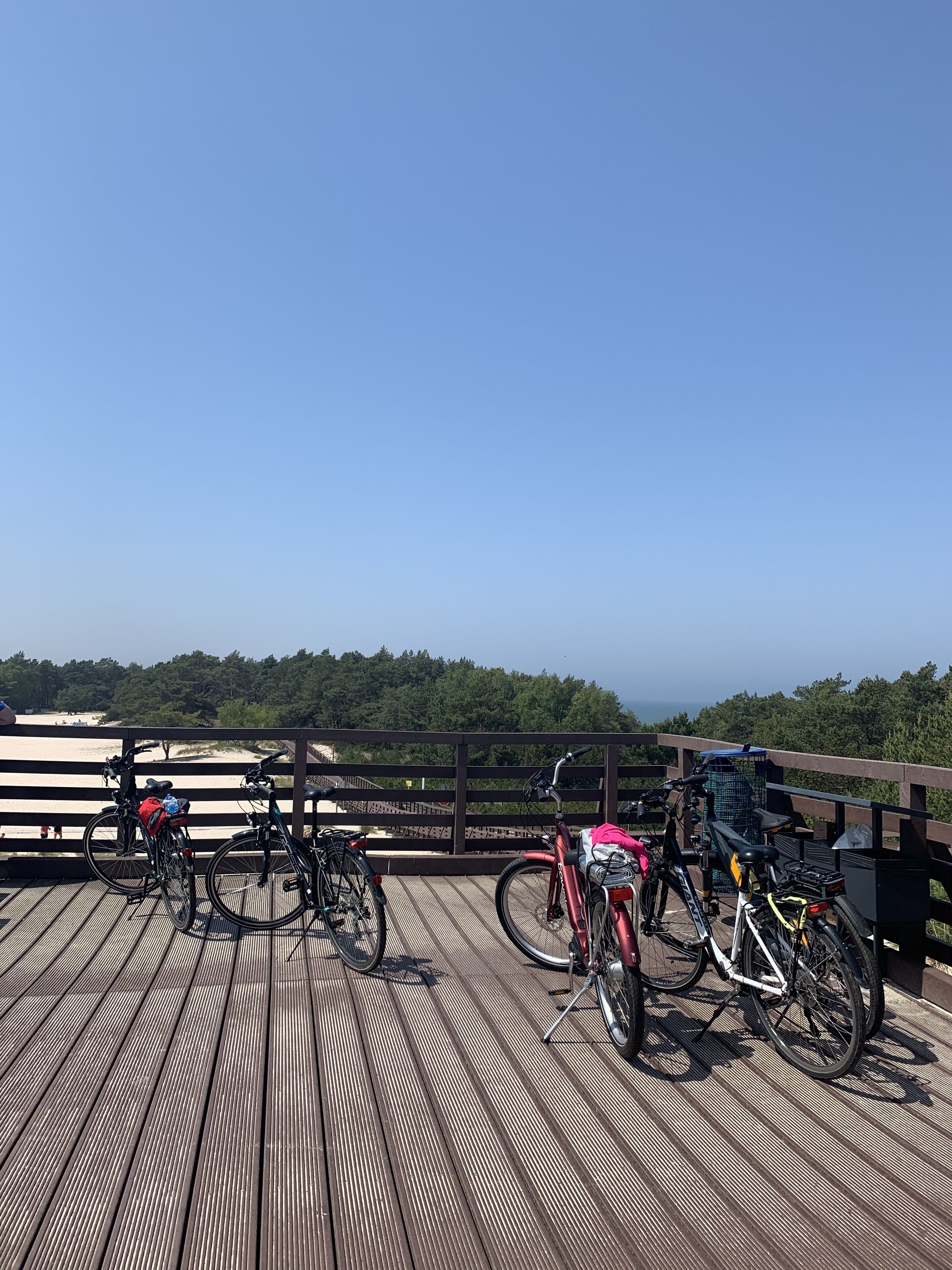 Een houten terras met daarop geparkeerde fietsen, met uitzicht op een strand en een bebost gebied.