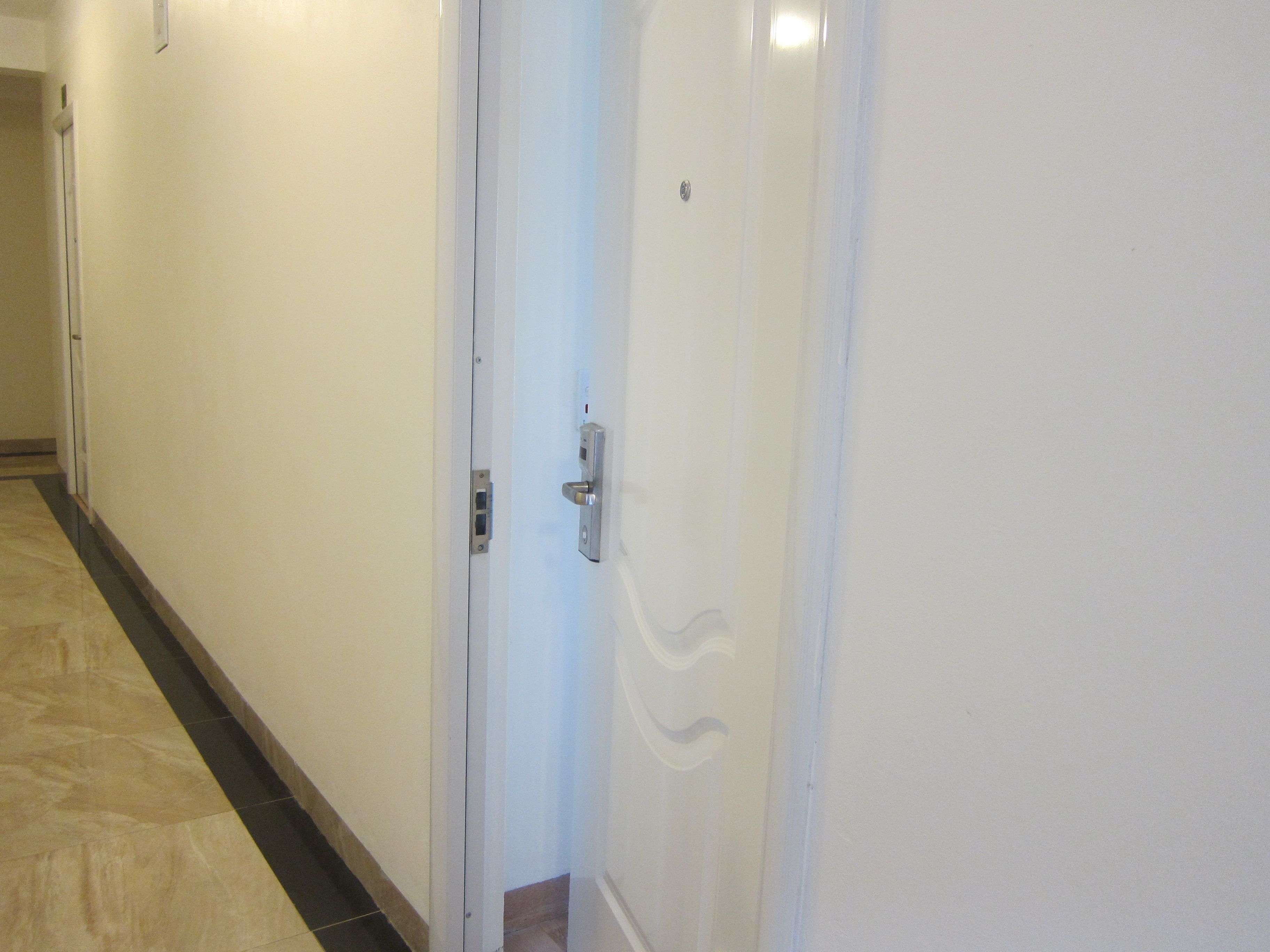 A hallway with a white door, a door handle, and a light switch on the wall.