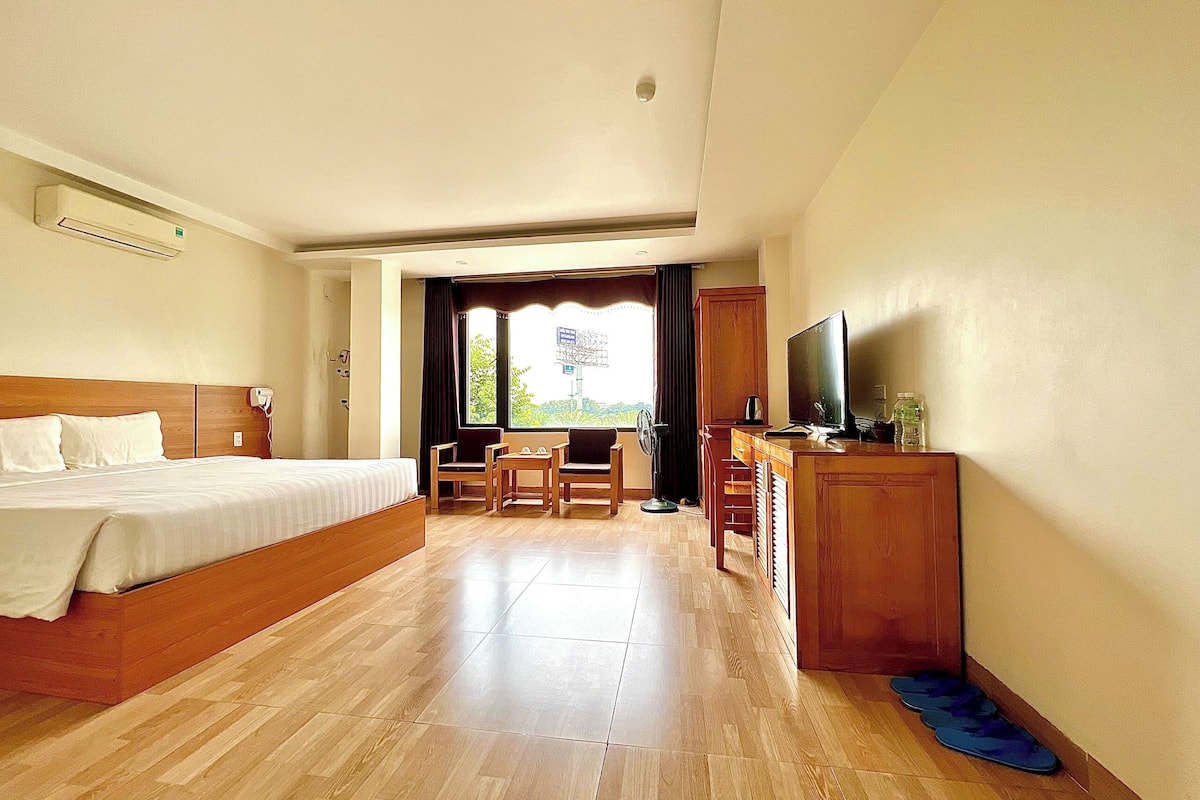 A hotel room with a bed, a desk with a chair, a television, and a view of the outdoors.