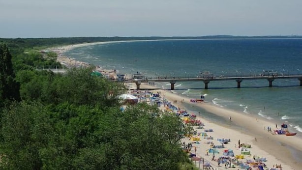 Une plage avec une jetée qui s’avance dans la mer, entourée de verdure.