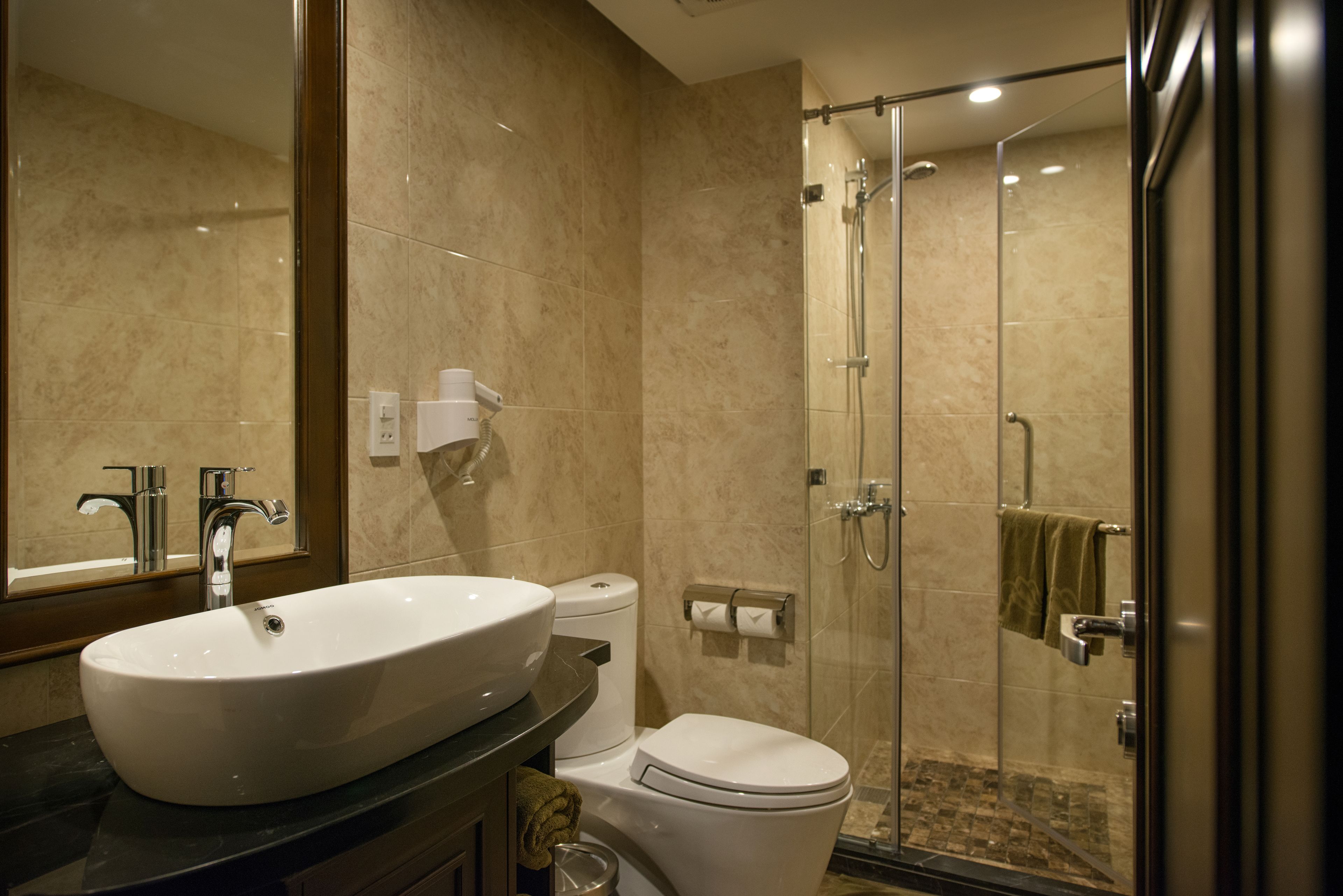 A modern bathroom with a large oval sink, a toilet, and a glass-enclosed shower.