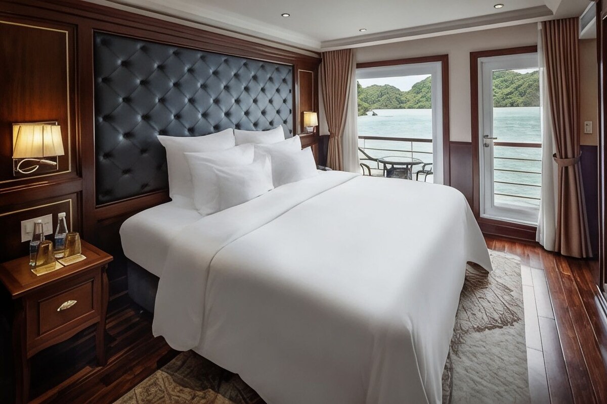 A large bed with a tufted headboard, a bedside table with a lamp, and a view of a body of water through a door.