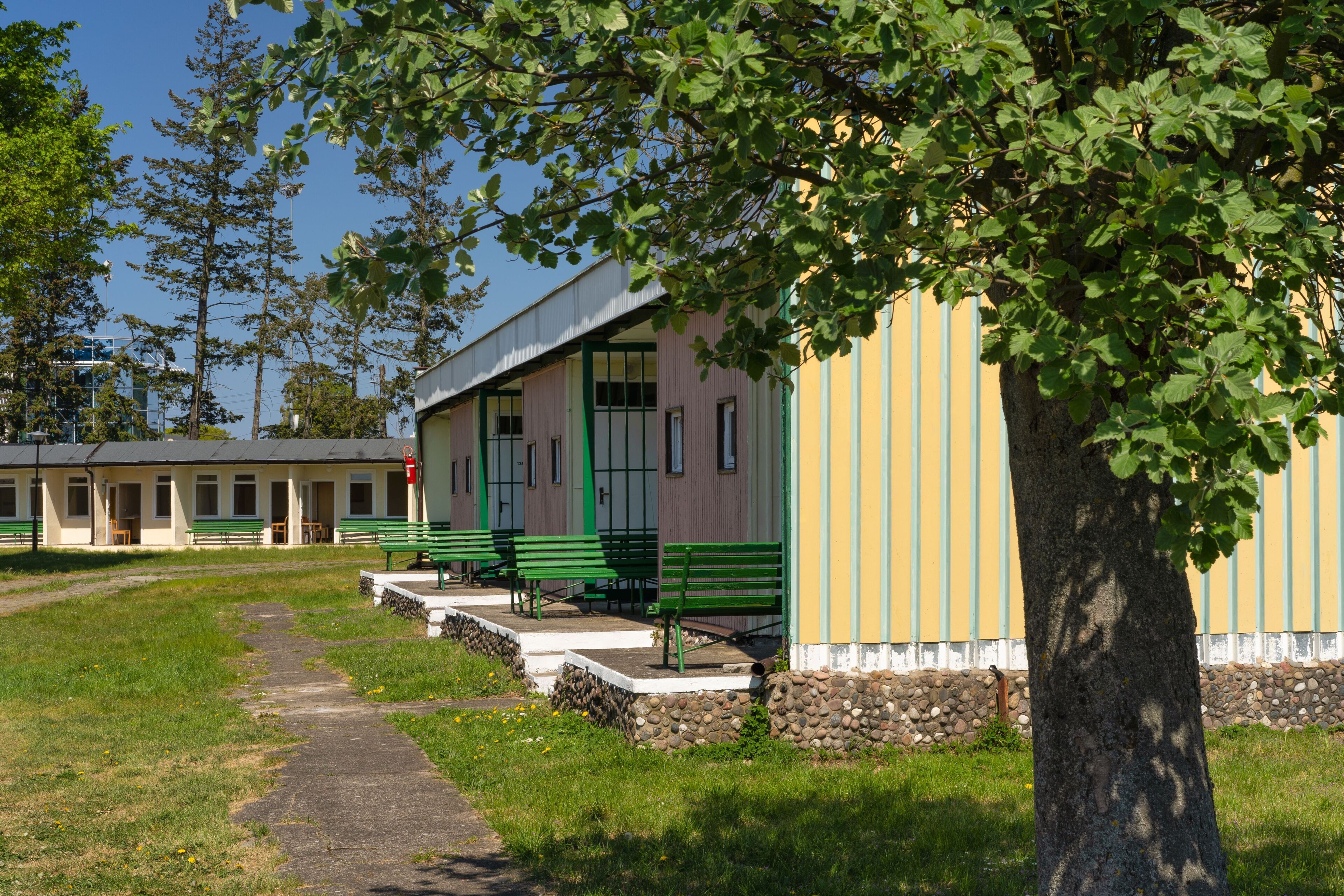 A building with a green bench outside, a tree in front, and a clear sky.