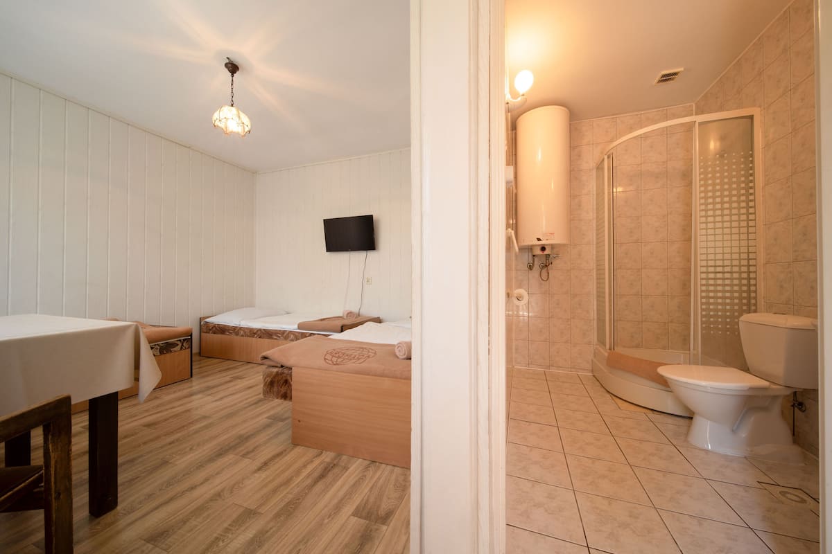 A hotel room with a wooden floor, a bed with a white mattress, a small table, a TV on the wall, and a shower area with a toilet.