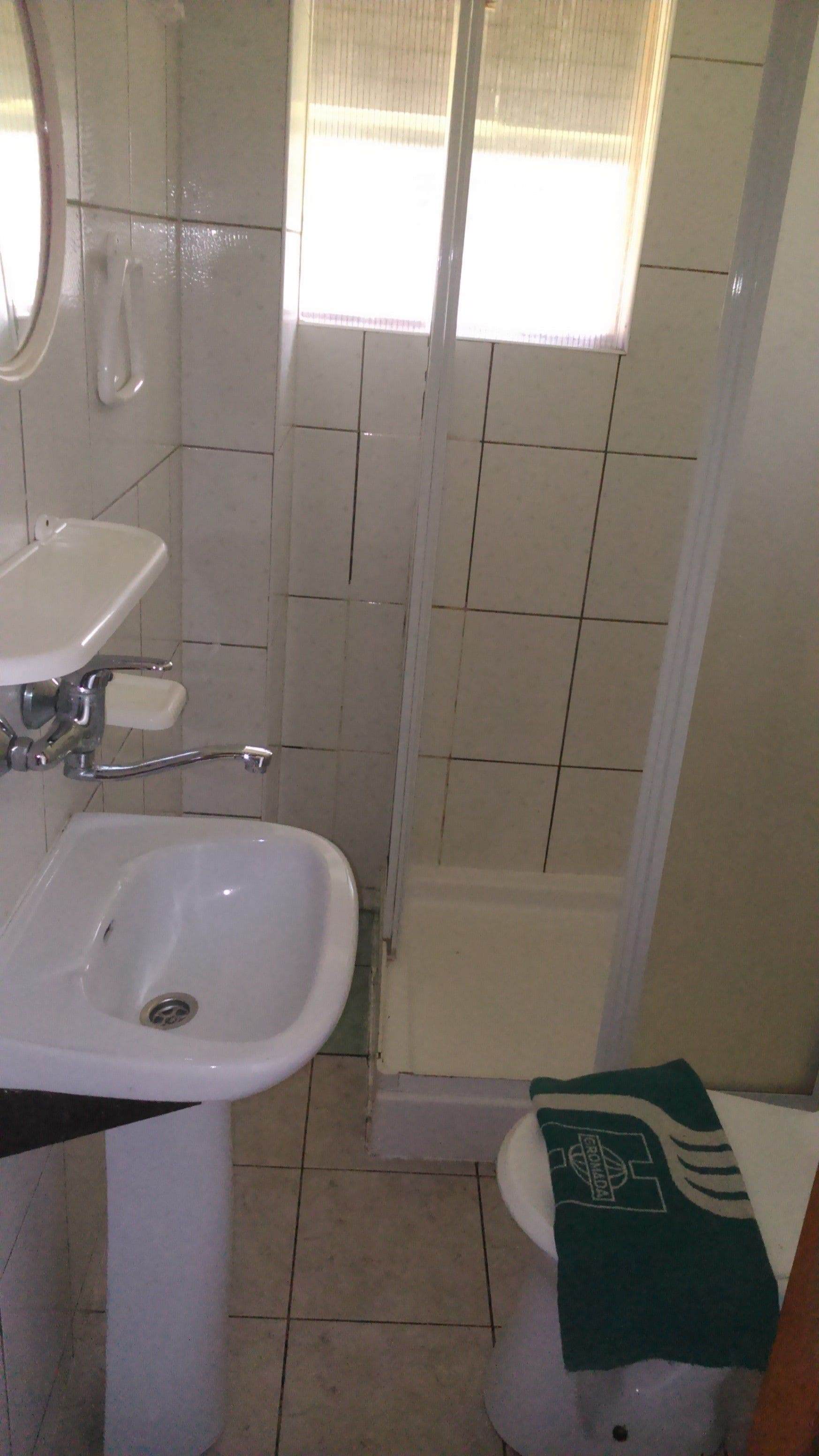 Een badkamer met een wastafel, toilet en douche.