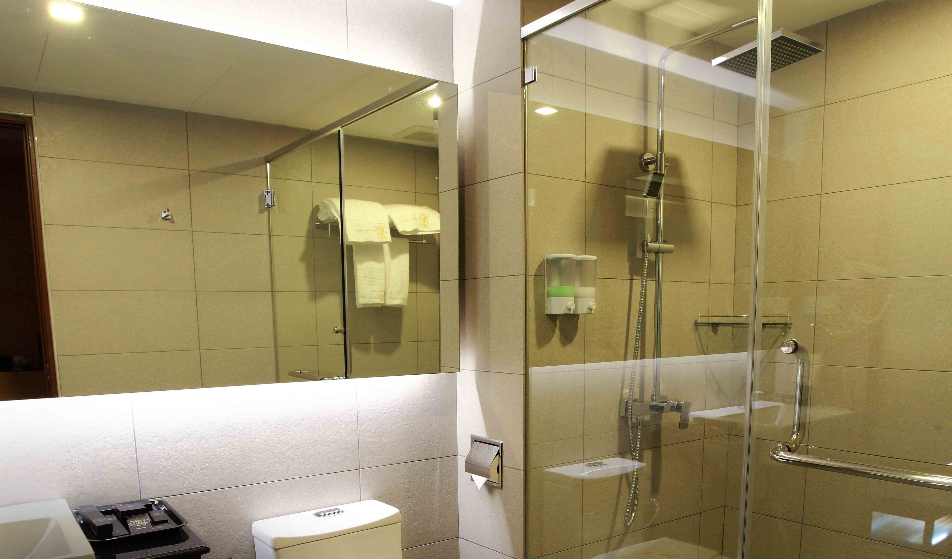 A modern bathroom with a glass-enclosed shower, a toilet, and a sink.
