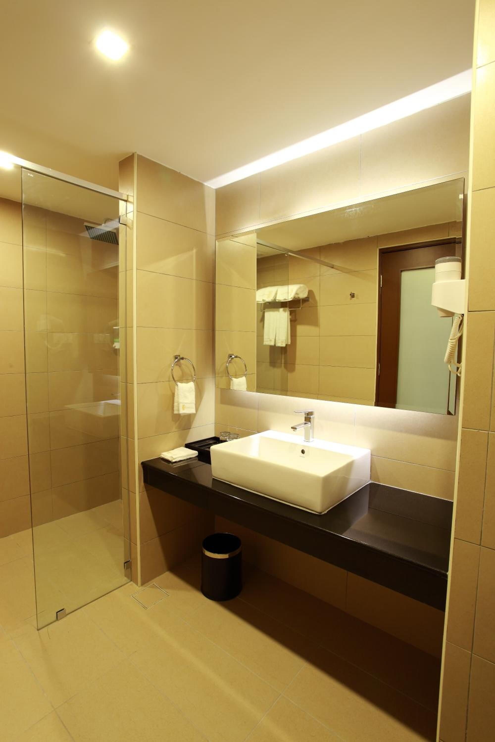 Un baño moderno con cabina de ducha de vidrio, un espejo grande y un lavabo blanco.