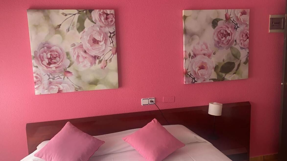 Ein Zimmer mit rosa Wand, einem Bett mit rosa Kissen und zwei Blumenbildern.
