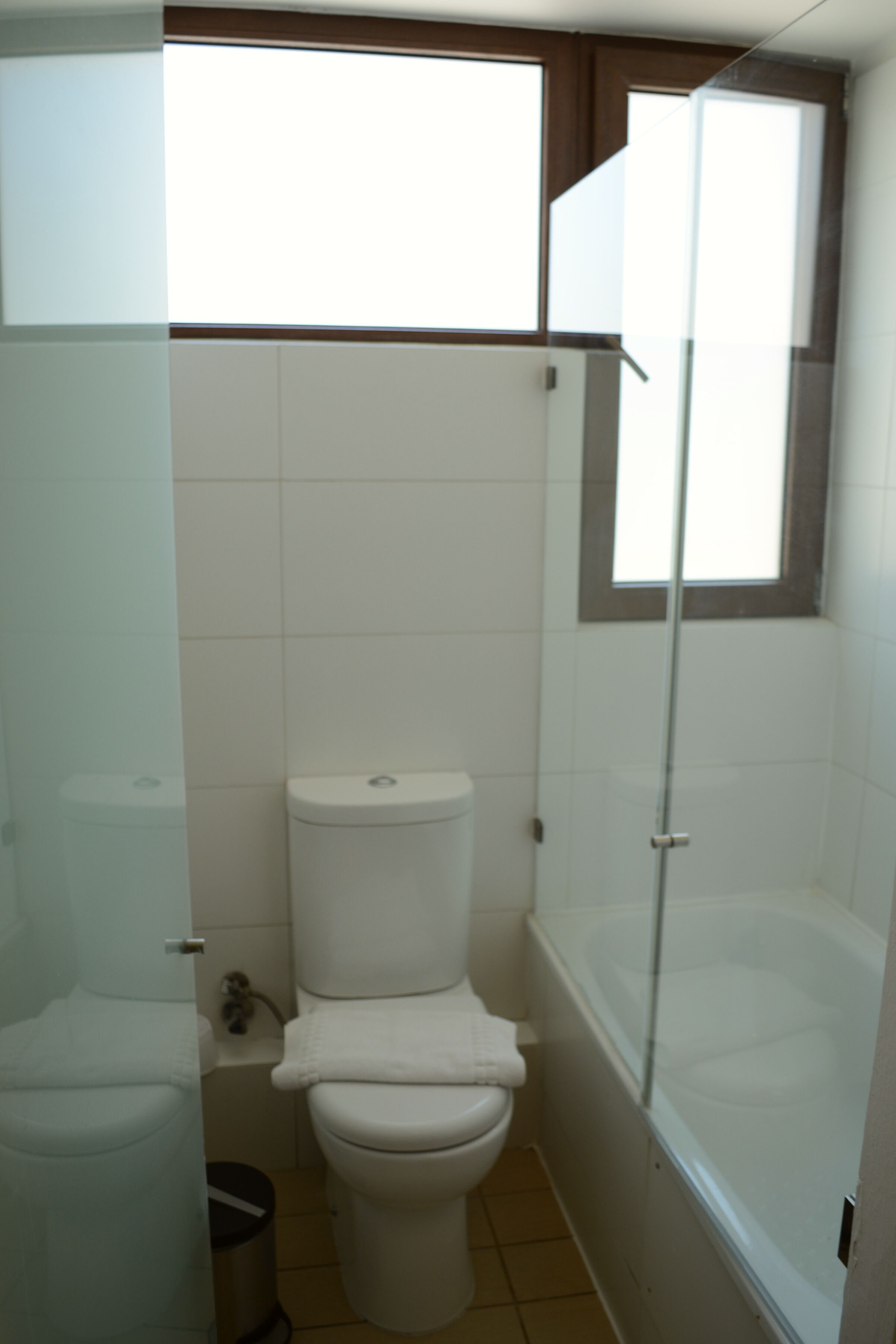 A small bathroom with a toilet, a shower, and a window.