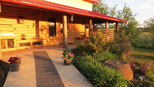 Una cabaña de madera con porche cubierto, chimenea y jardín con macetas y una gran roca.