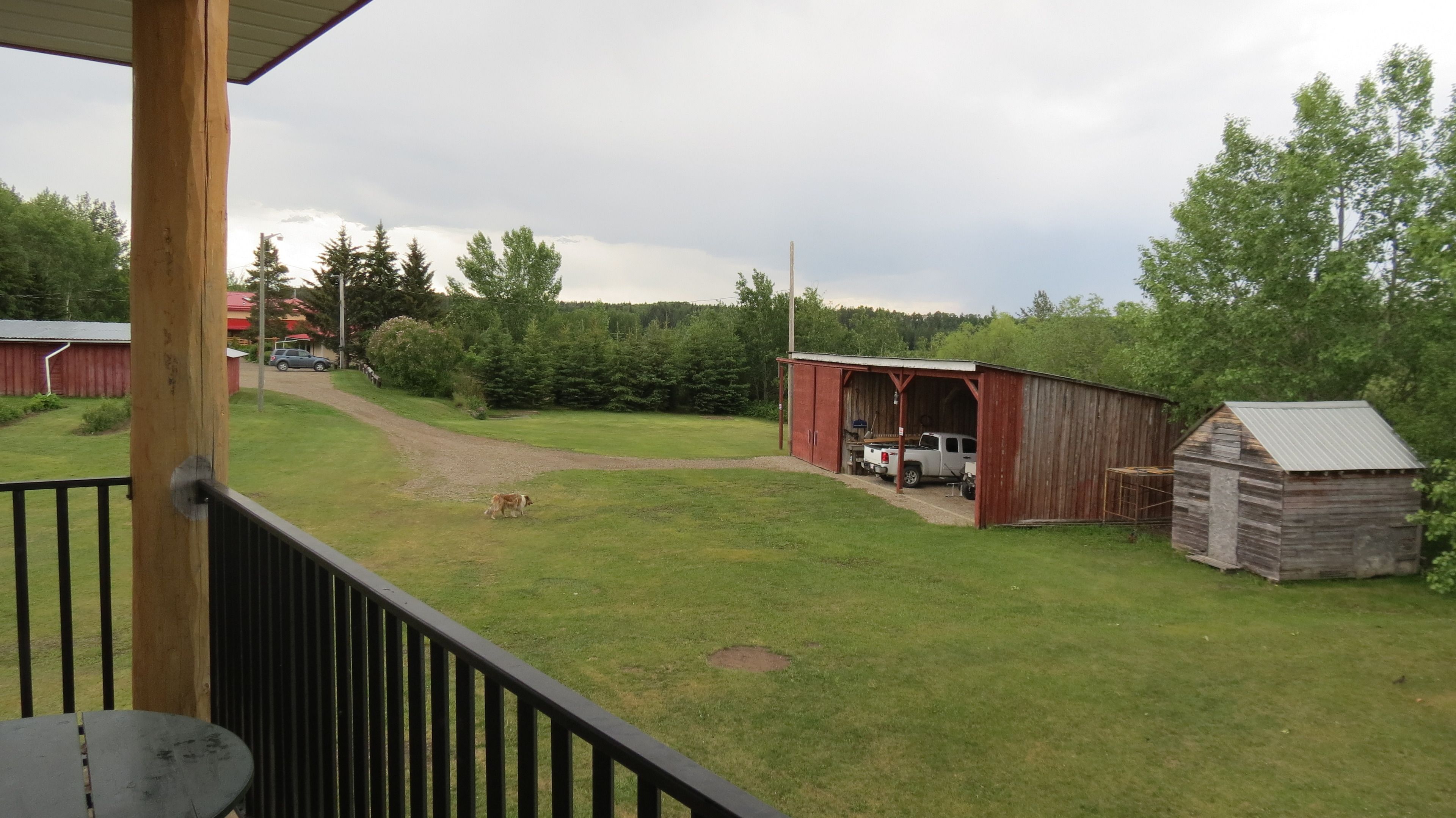 A rural property with a barn, a small shed, and a gravel path leading to a parked truck.