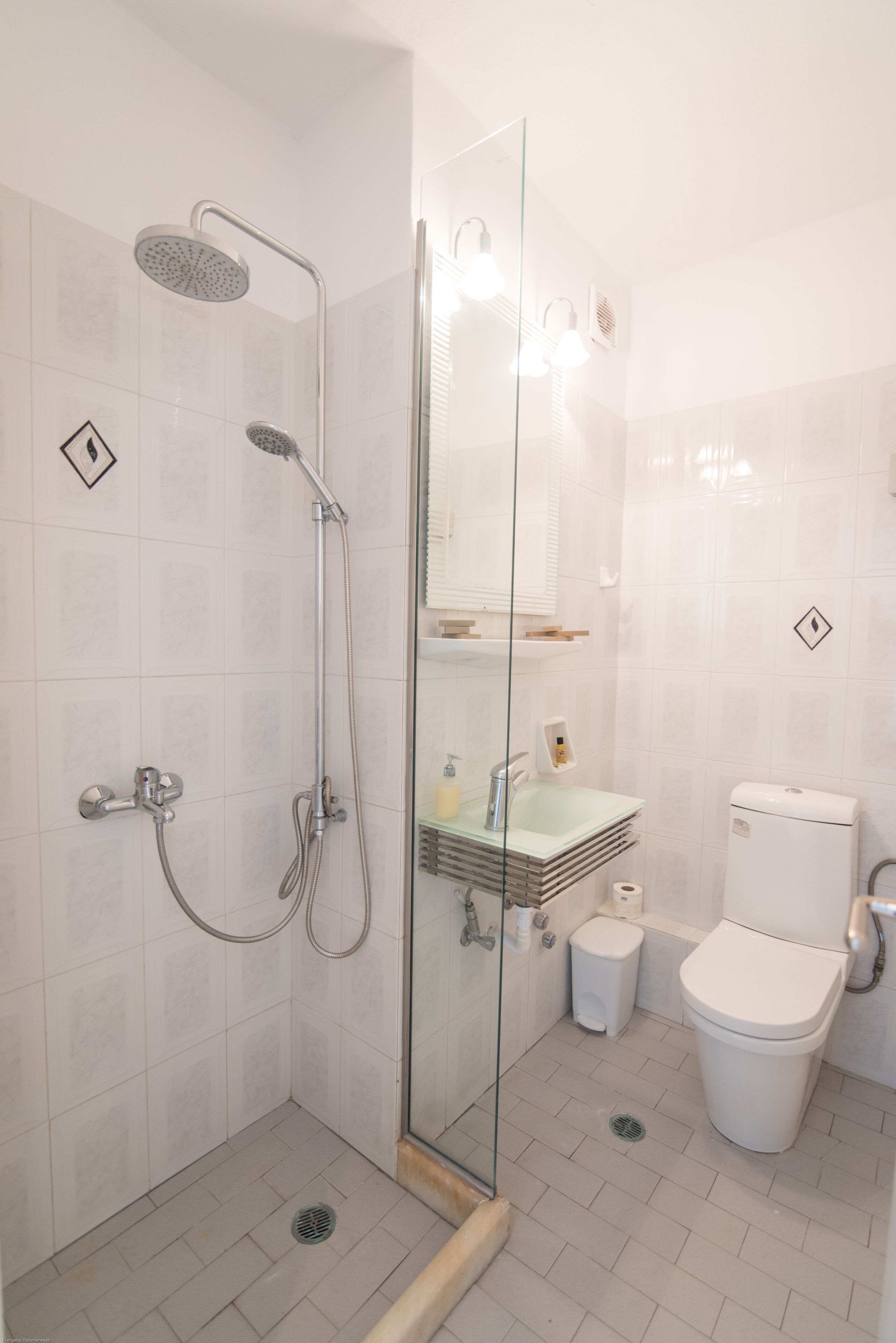Et moderne badeværelse med en glasafskærmet bruseniche, et hvidt toilet og en vask med et spejl over.