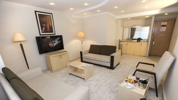 A hotel room with a sofa, a small table with a bottle and glasses, a television, a lamp, and a kitchen area with cabinets and a mirror. - Mersin Oteli (Mersin)