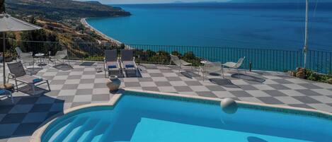 Outdoor pool, pool umbrellas, pool loungers