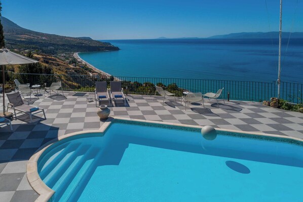 Outdoor pool, pool umbrellas, pool loungers