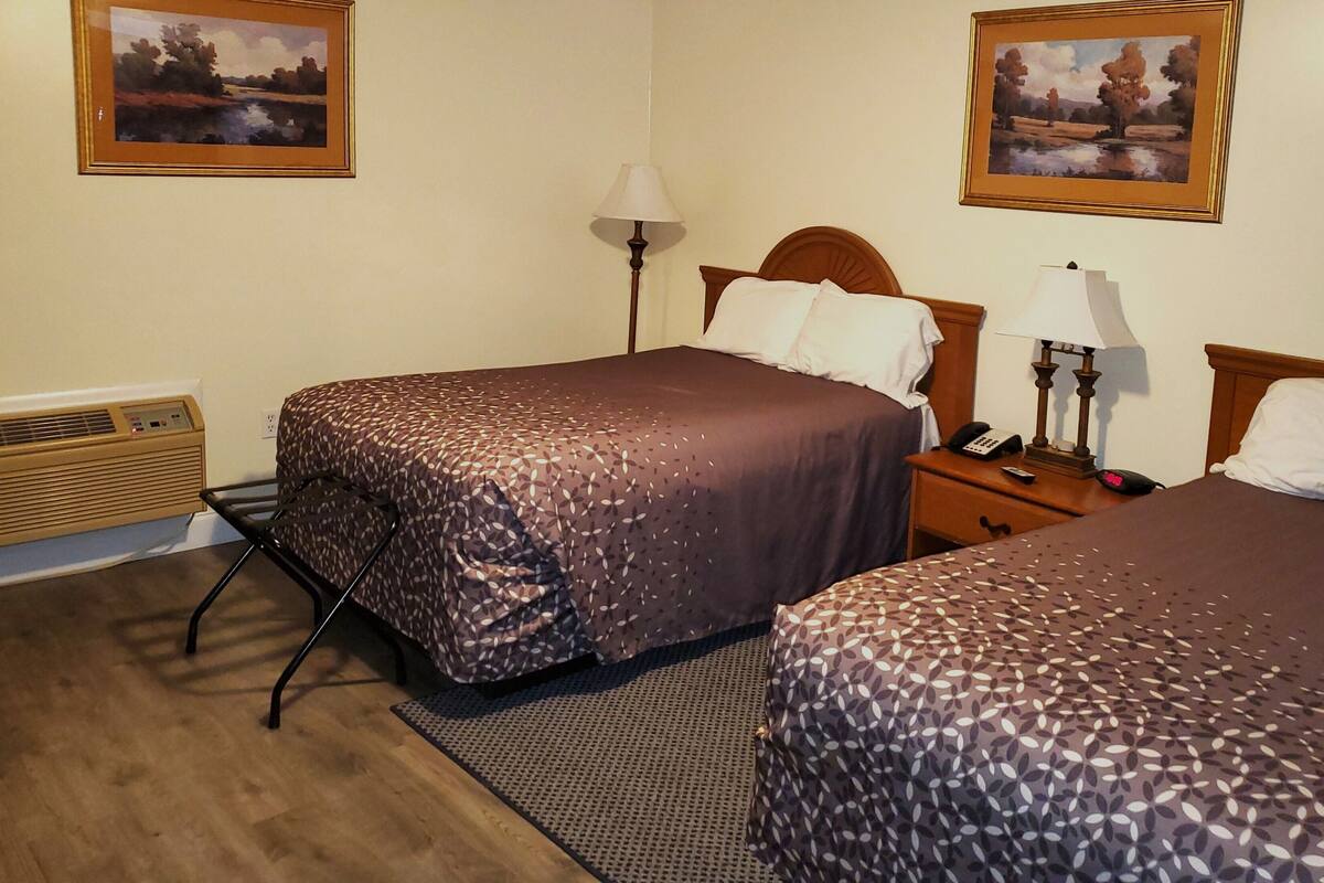 A hotel room with two beds, a nightstand, a lamp, a telephone, and a heater.