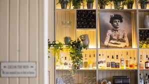A bar area with shelves of liquor bottles, a vintage photograph, and potted plants.
