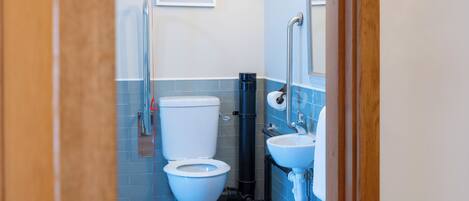 Un baño pequeño con inodoro, lavamanos y un cuadro en la pared.