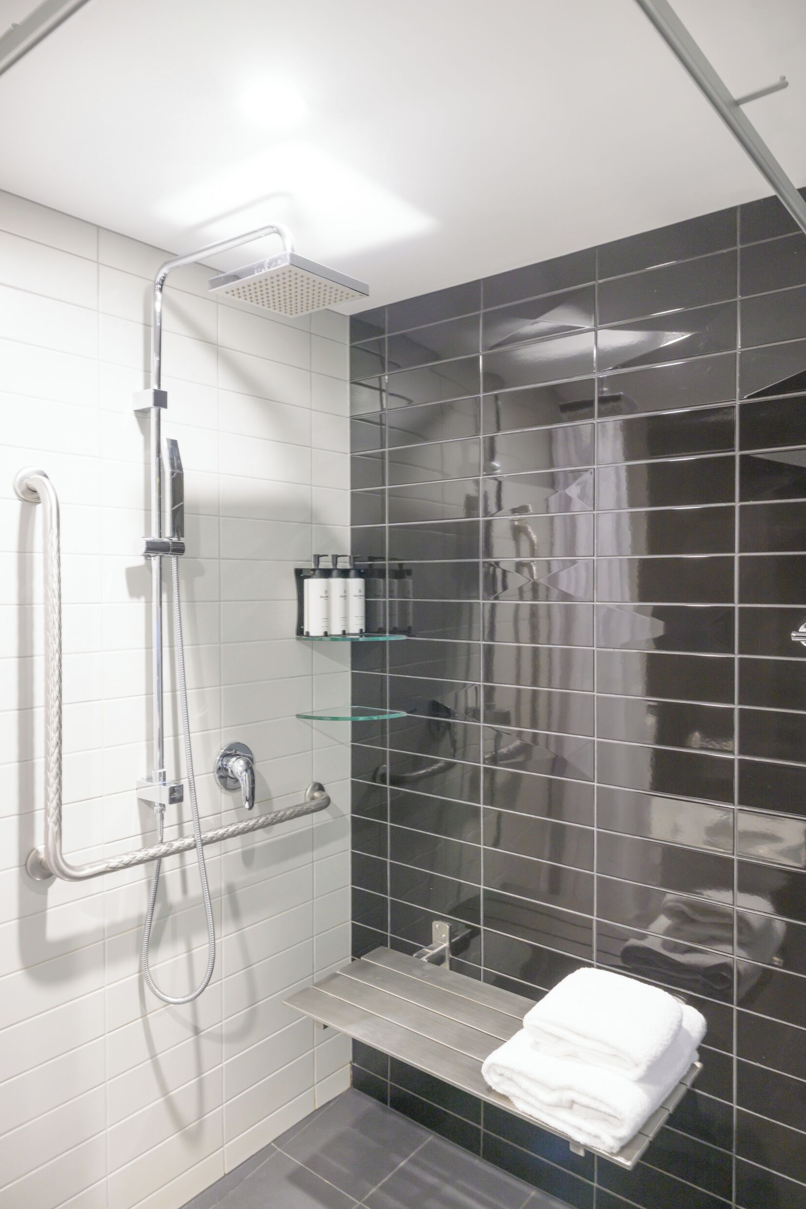 A modern bathroom with a glass shower enclosure, a handrail, and a shelf with toiletries.