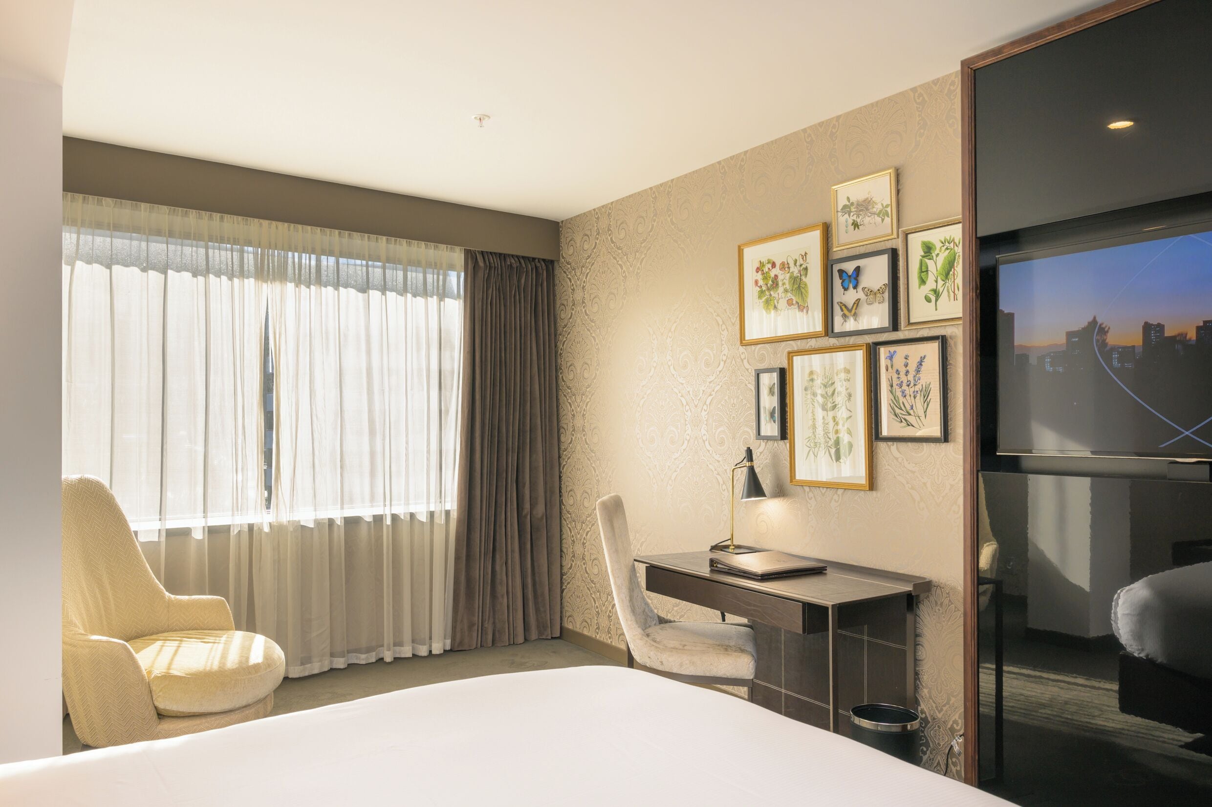 A hotel room with a bed, a desk, a chair, a TV, and a window with curtains.