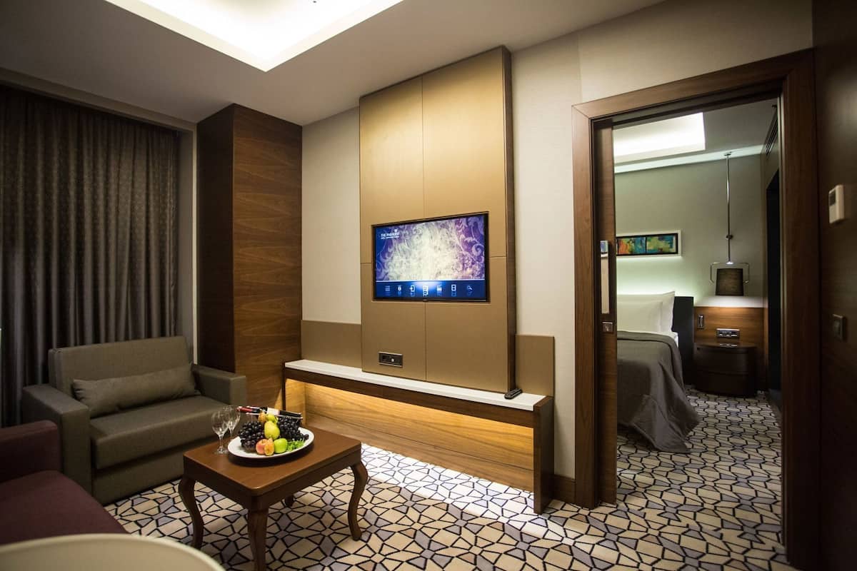 Habitación de hotel con sofá, una mesita con fruta, un televisor montado en un panel de madera y suelo estampado.