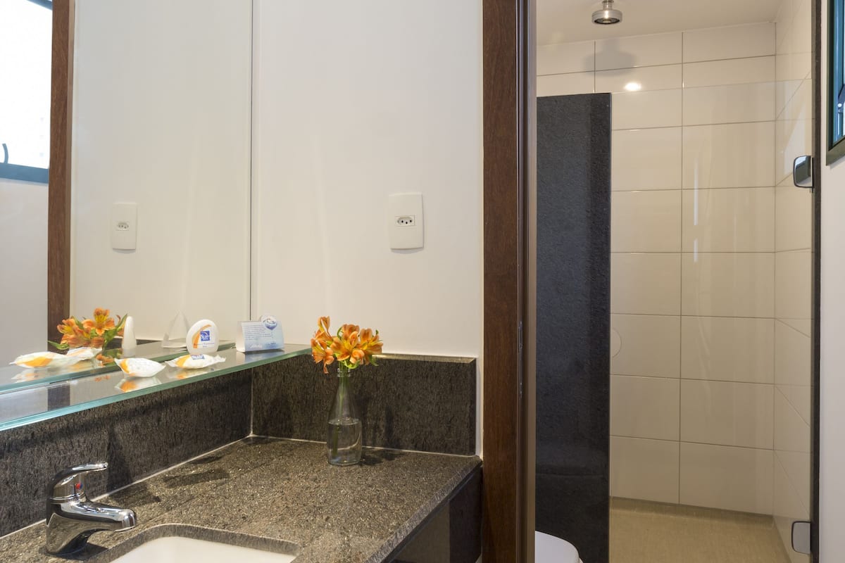 shower, rainfall showerhead, free toiletries, hair dryer