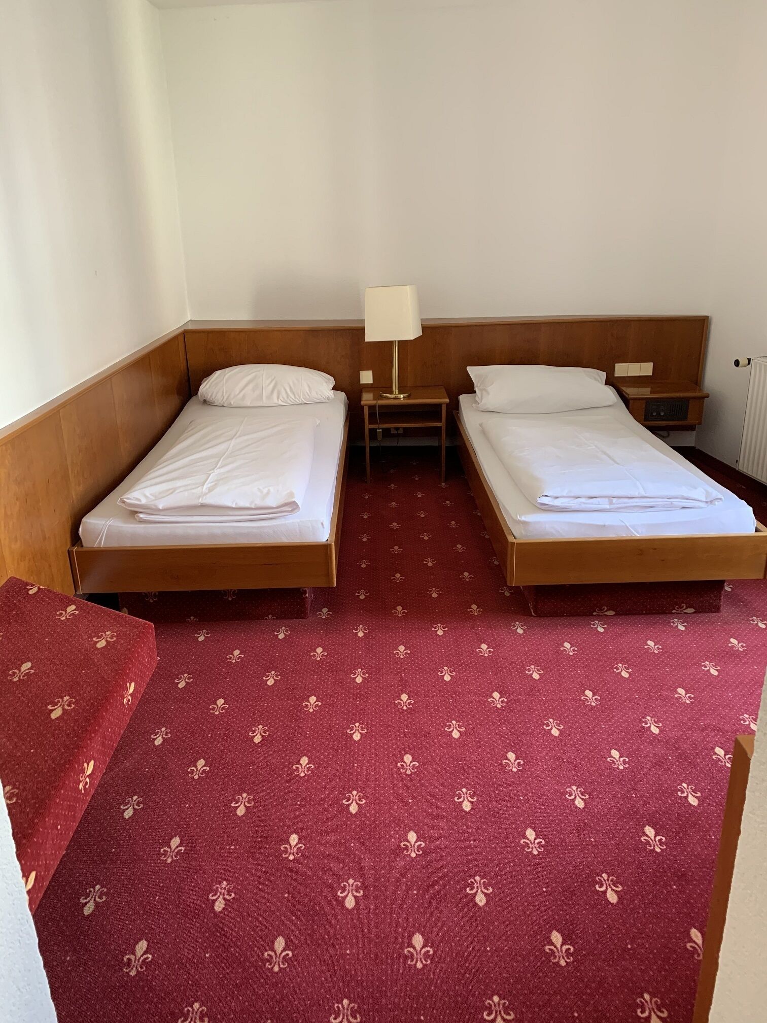 Una habitación con dos camas individuales, una mesita de noche con lámpara y una alfombra roja con estampado.