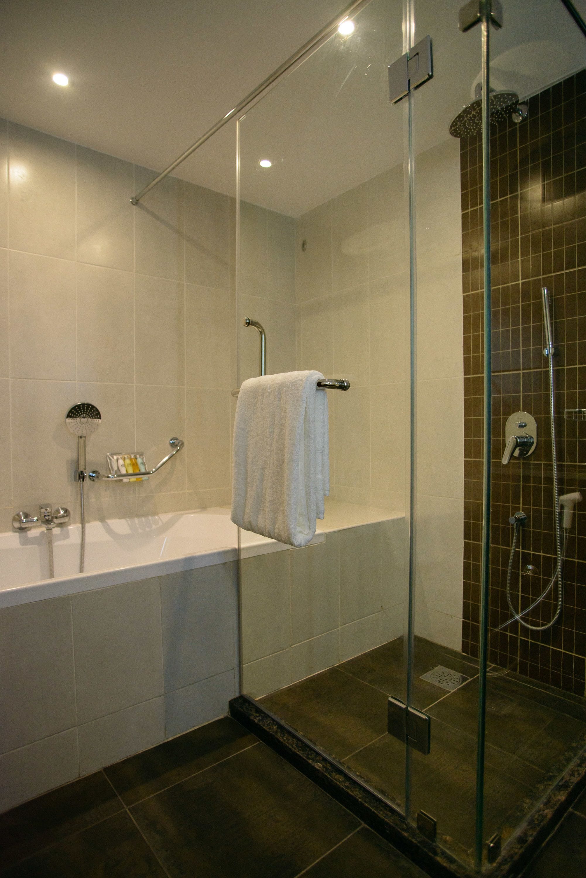 A modern bathroom with a glass-enclosed shower, a white bathtub, and a glass shower door.