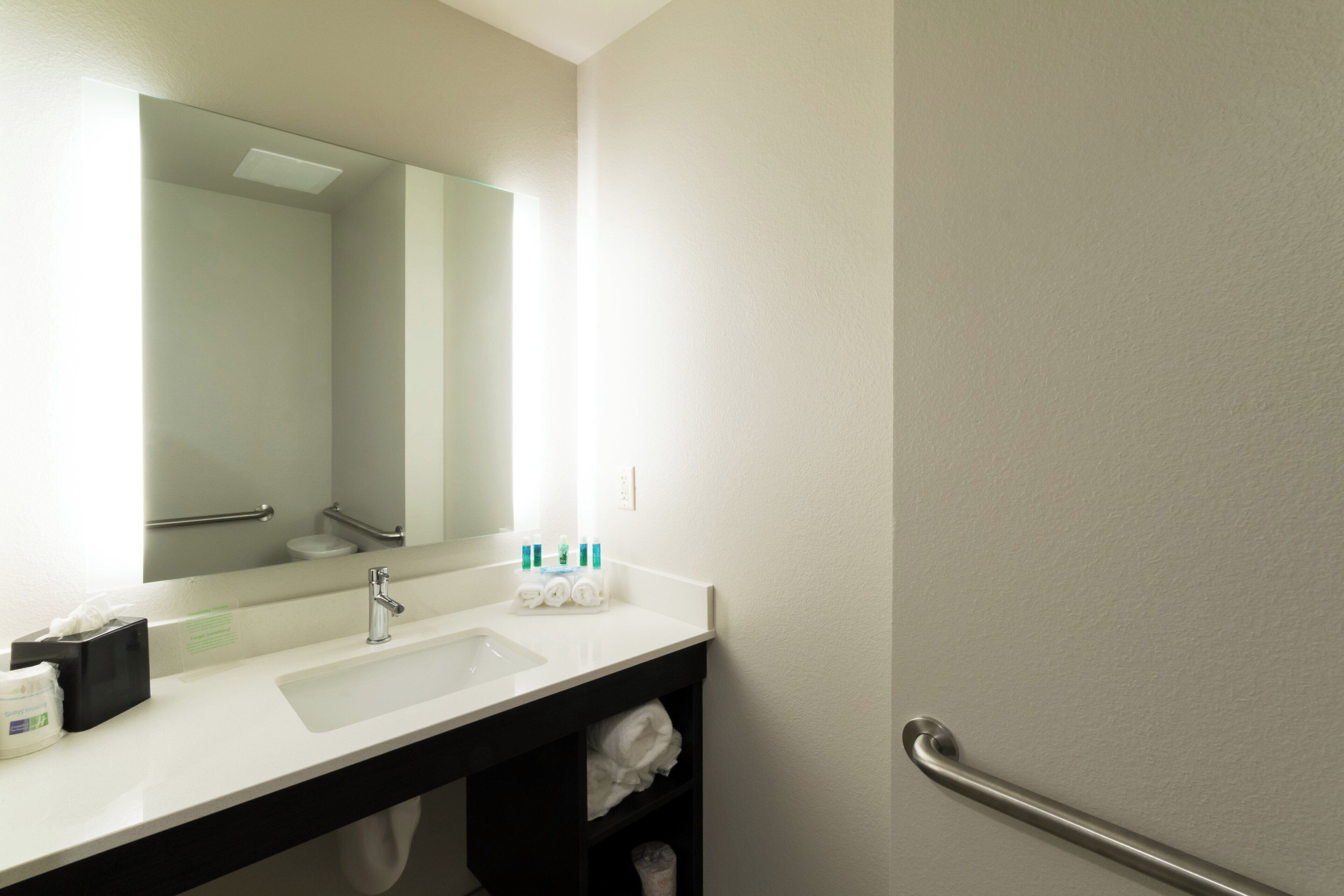 A bathroom with a white sink, a mirror, a towel rack, and a handrail.
