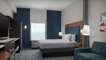 Una habitación de hotel con cama, televisor, escritorio y sofá.