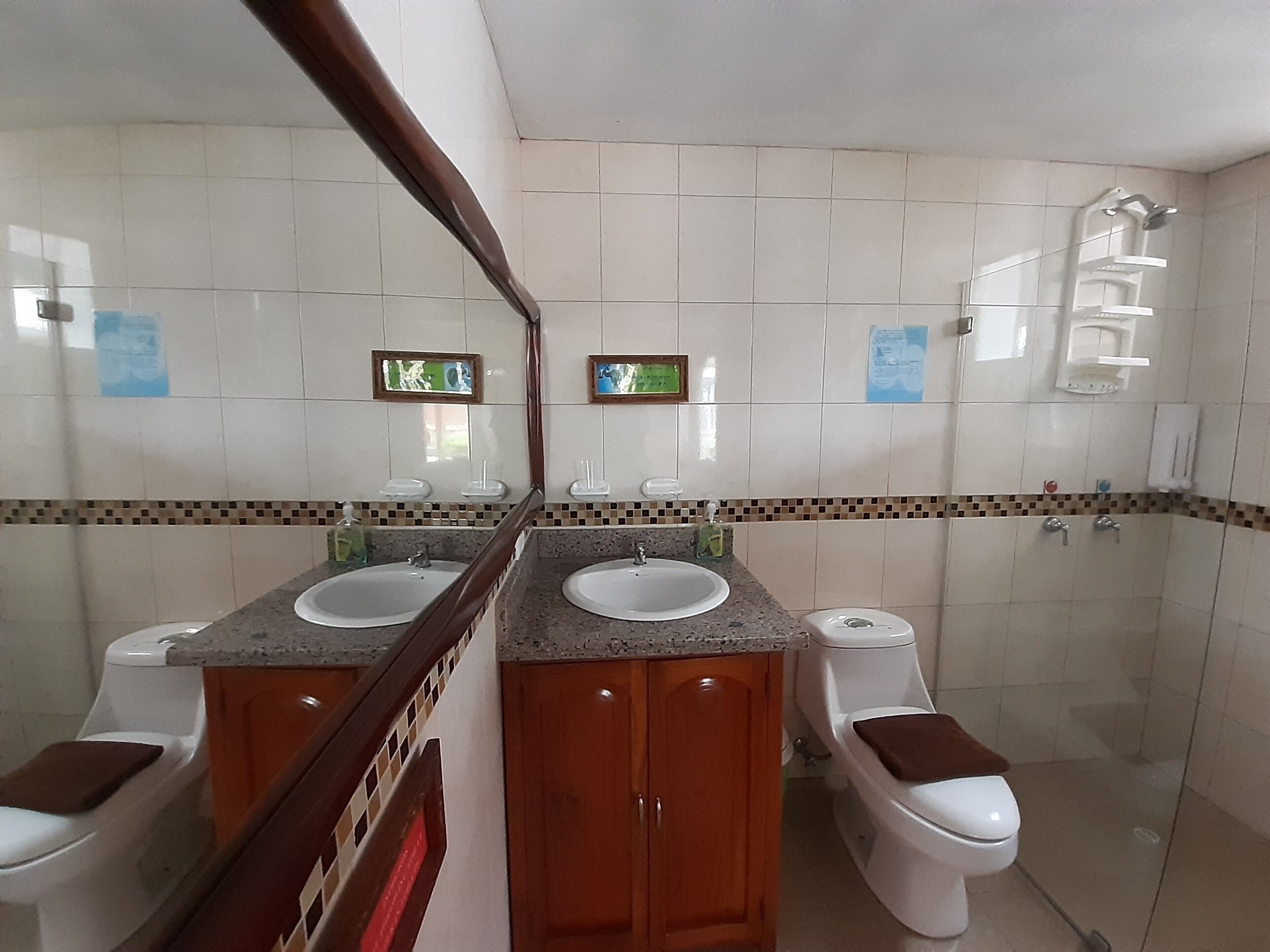 Ein Badezimmer mit zwei Waschbecken, einer Toilette und einer Dusche.